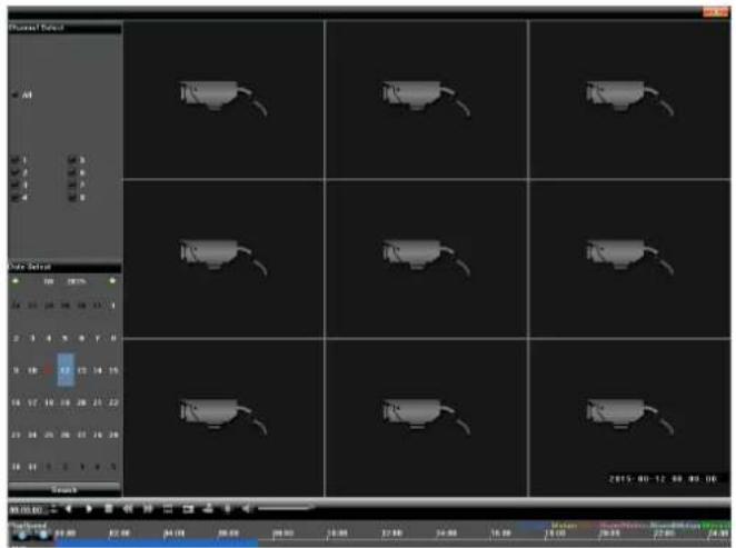 Screenshot of a video editing software interface showing a 3x3 grid of surveillance cameras with control panels and timeline controls.