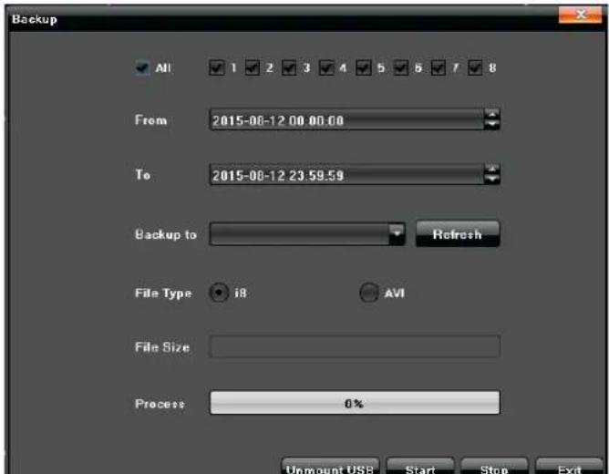 Backup All 1 2 3 4 5 6 7 8 From 2015-08-12 00:00.00 To 2015-08-12 23:59.59 Backup to Refresh File Type 18 AVI File Size Process 0% Unmount USB Start Stop Exit