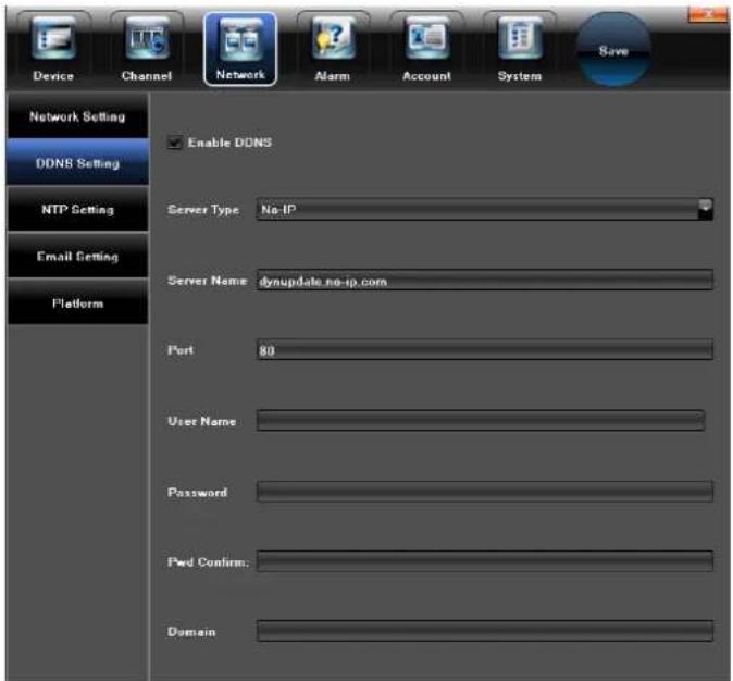 Device Channel Network Alarm Account System Save Network Setting DDNS Setting NTP Setting Email Setting Platform Enable DONS Server Type: No IP Server Name: dynupdate.no-ip.com Port 80 User Name Password Pwd Confirm: Domain