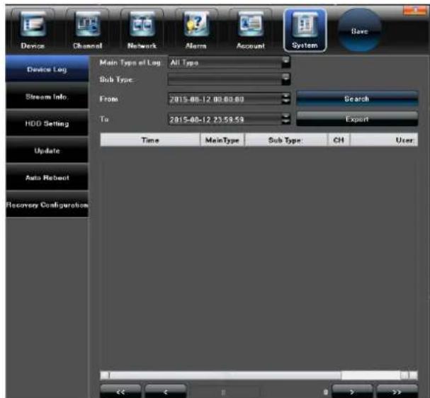 Device Channel Network Alarm Account System Save Device Log Stream Info HDD Setting Update Auto Reboot Recovery Configuration Main Type of Log: All Types Sub Type: From 2015-08-12 08:08:09 Search To 2015-08-12 23:58:59 Export Time MainType Sub Type: CH User
