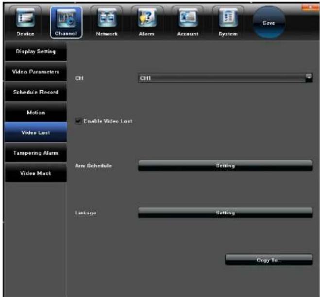 Device Channel Network Alarm Account System Save Display Setting Video Parameters Schedule Record Motion Video Lost Tampering Alarm Video Mask CH CH1 Enable Video Lost Arm Schedule Setting Linkage Setting Copy To...