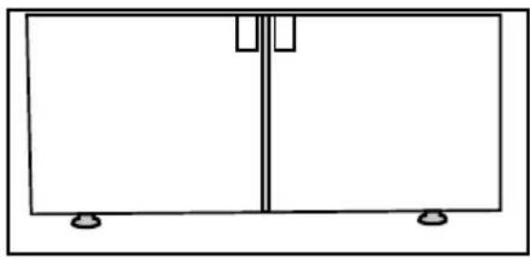 Simple line drawing of a two-panel cabinet or enclosure with mounting feet (no text or symbols)