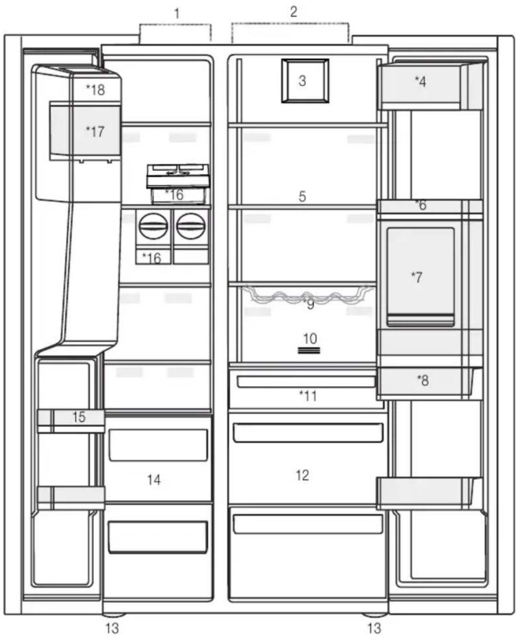 Technical diagram of a refrigerator interior with numbered compartments and labeled storage areas