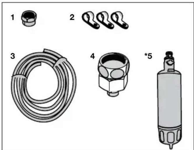 Illustration of five different types of industrial equipment: a coiled hose, two clamps, a pressure regulator, and a cylindrical device (no text or symbols present)