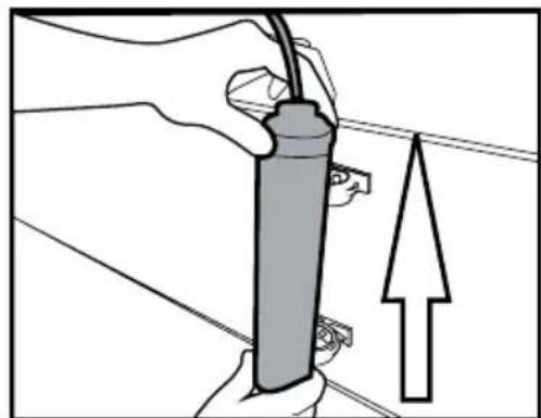 Illustration of a hand holding a cylindrical device with wires, next to an upward arrow (no text or symbols).