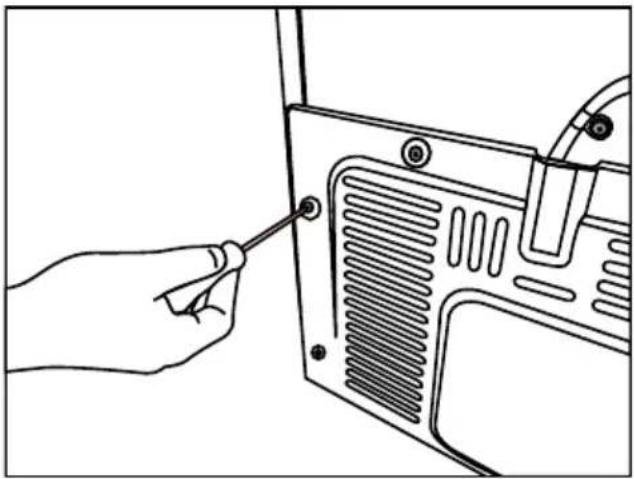 Line drawing of a hand inserting a screwdriver into a device panel (no text or symbols)