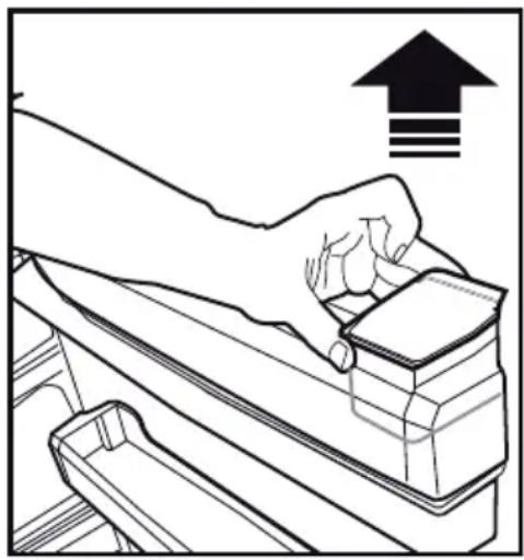 Line drawing of a hand pressing down an open box with an upward arrow symbol (no text or labels).