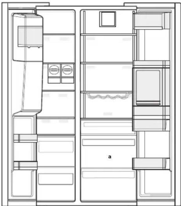 Architectural floor plan of a double refrigerator with labeled compartments and doors (no text or symbols beyond label 'a').