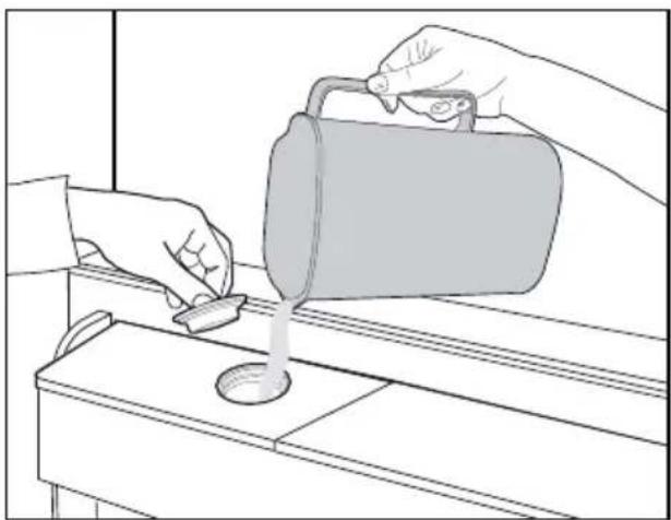 Line drawing of hands pouring liquid from a container into a sink (no text or symbols).
