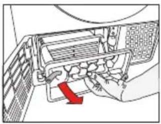 Diagram of a computer monitor with a hand inserting a fan into the case, showing internal components and a red arrow indicating the direction (no text or symbols present)
