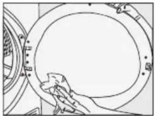 Line drawing of a hand cleaning a circular object with a brush (no text or symbols).