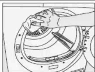 Line drawing of hands cleaning a circular mechanical component (no text or symbols).