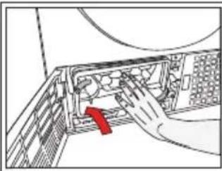 Diagram of a computer tower internal structure with a hand inserting a component (no text or symbols visible)