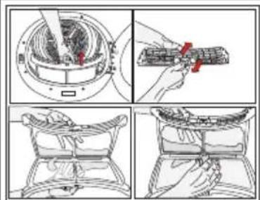 Technical diagram illustrating four steps of a mechanical assembly or cleaning procedure, with labeled components and directional arrows.
