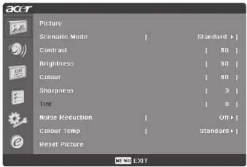 ACC Picture Scenario Mode | Standard > Contrast | 50 | Brightness | 50 | Colour | 50 | Sharpness | 3 | Tint | 0 | Noise Reduction | Off > Colour Temp | Standard > Reset Picture MENI EXIT
