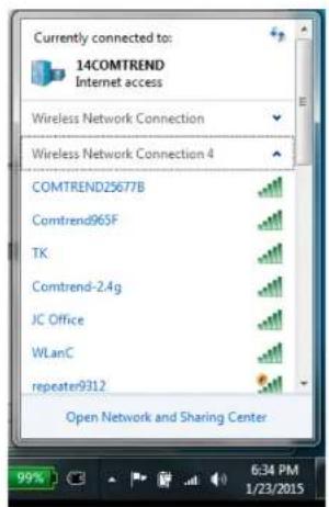 Currently connected to: 14COMTREND Internet access Wireless Network Connection Wireless Network Connection 4 COMTREND25677B Comtrend96SF TK Comtrend-2.4g JC Office WLANC repeater9312 Open Network and Sharing Center 99% 6:34 PM 1/23/2015