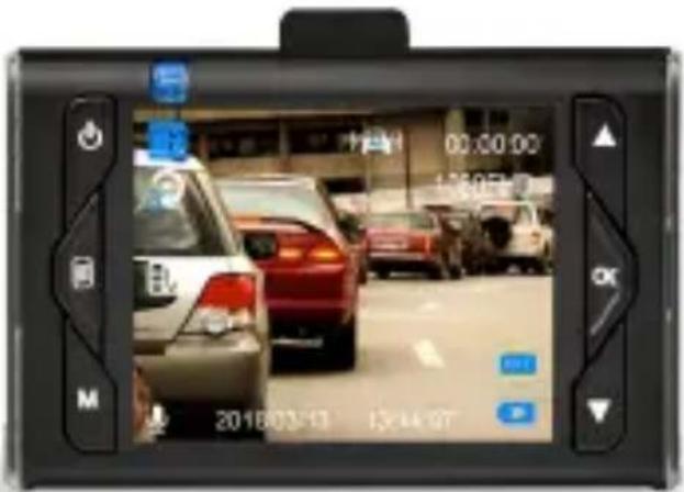 Digital navigation screen displaying a car scene with timestamp and control buttons, showing time and date information.