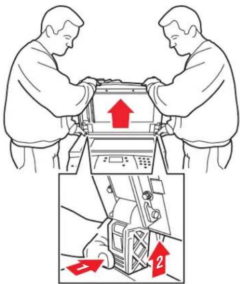 Diagram showing two workers installing a device with red arrows indicating upward movement, and a close-up of the device's internal components.