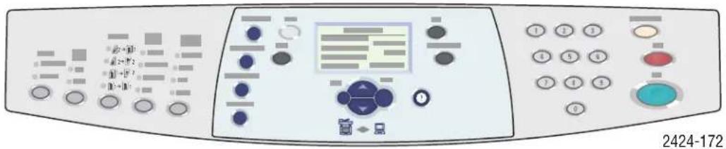 Control panel interface with labeled buttons and display screen, showing various function keys and icons