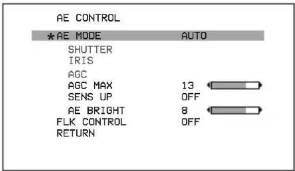AE CONTROL *AE MODE AUTO SHUTTER IRIS AGC AGC MAX 13 SENS UP OFF AE BRIGHT 8 FLK CONTROL OFF RETURN