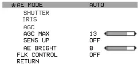 *AE MODE AUTO SHUTTER IRIS AGC AGC MAX 13 SENS UP OFF AE BRIGHT 8 FLK CONTROL OFF RETURN