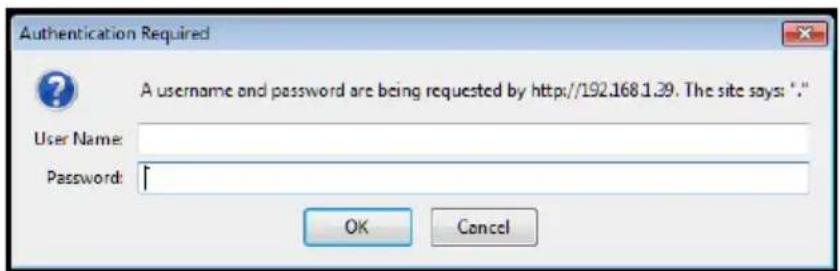 Authentication Required A username and password are being requested by http://192.168.1.39. The site says: "." User Name: Password: OK Cancel
