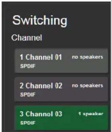 Switching Channel 1 Channel 01 no speakers SPDIF 2 Channel 02 no speakers SPDIF 3 Channel 03 1 speaker SPDIF