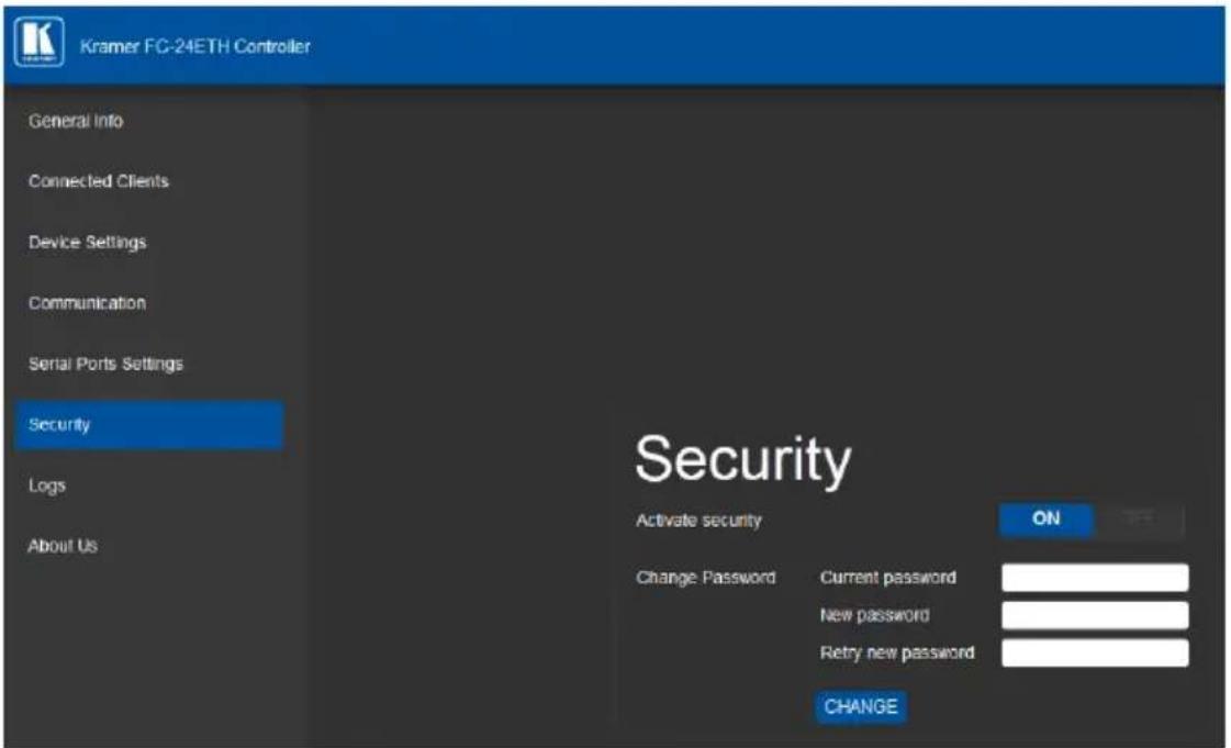 Kramer FG-24ETH Controller General Info Connected Clients Device Settings Communication Serial Ports Settings Security Logs About Us Security Activate security ON Change Password Current password New password Retry new password CHANGE
