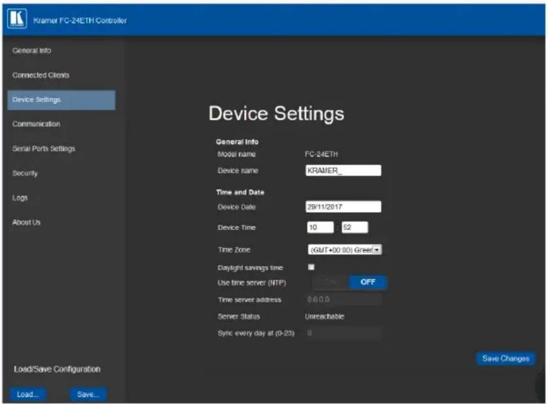 Kramer FC-24ETH Controller General Info Connected Clients Device Settings Communication Serial Ports Settings Security Logs About Us Device Settings General Info Model name FC-24ETH Device name KRAMER_ Time and Date Device Date 29/11/2017 Device Time 10 52 Time Zone (GMT+00 00) Green# Daylight savings time Use time server (NTP) OFF Time server address 0.0.0.0 Server Status Unreachable Sync every day at (0-23) 0 Load/Save Configuration Load... Save... Save Changes