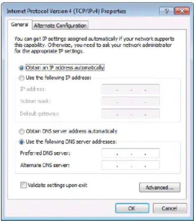 Internet Protocol Version 4 (TCP/IPv4) Properties General Alternate Configuration You can get IP settings assigned automatically if your network supports this capability. Otherwise, you need to ask your network administrator for the appropriate IP settings. Obtain an IP address automatically: Use the following IP address: IP address: . Subnet mask: . Default gateway: . Obtain DNS server address automatically Use the following DNS server addresses: Preferred DNS server: . Alternate DNS server: . Validate settings upon exit Advanced... OK Cancel