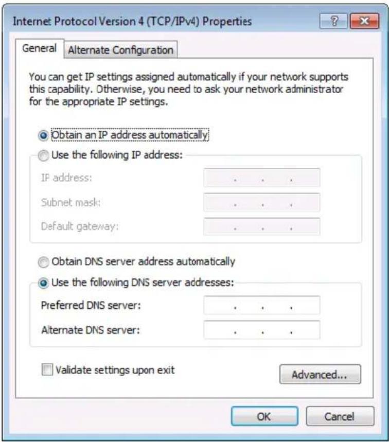 Internet Protocol Version 4 (TCP/IPv4) Properties General Alternate Configuration You can get IP settings assigned automatically if your network supports this capability. Otherwise, you need to ask your network administrator for the appropriate IP settings. Obtain an IP address automatically; Use the following IP address: IP address: .. Subnet mask: .. Default gateway: .. Obtain DNS server address automatically Use the following DNS server addresses: Preferred DNS server: .. Alternate DNS server: .. Validate settings upon exit Advanced... OK Cancel