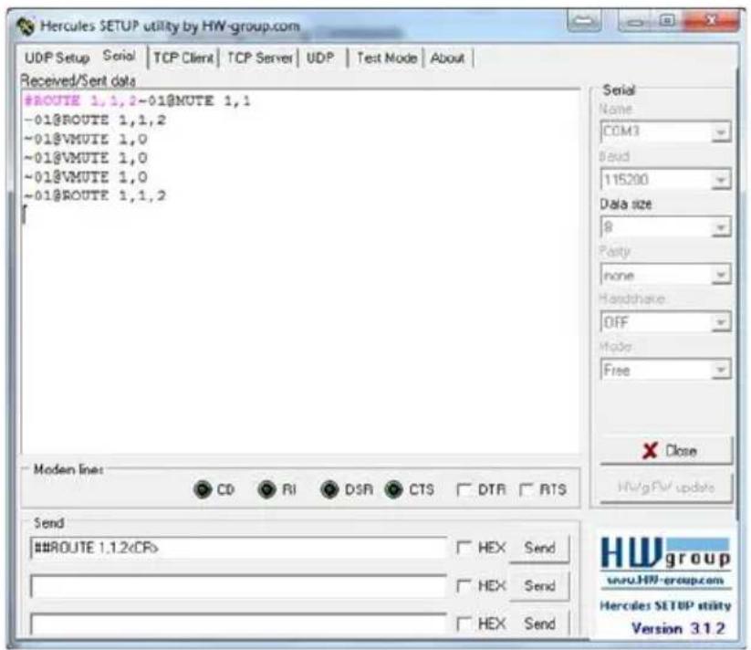 Hercules SETUP utility by HW-group.com UDP Setup Serial TCP Client TCP Server UDP Test Mode About Received/Sent data #ROUTE 1,1,2~01@NOTE 1,1 -01@ROUTE 1,1,2 -01@VMUTE 1,0 -01@VMUTE 1,0 -01@VMUTE 1,0 -01@ROUTE 1,1,2 Serial Name: COM3 Band 115200 Data size 8 Party: none Handshare: OFF Mode: Free Close HW/g FW update Send ##ROUTE 1.1.2(CRs) HEX Send HEX Send HEX Send HEX Send Hewgroup www.HW-group.com Hercules SETUP utility Version 3.1.2