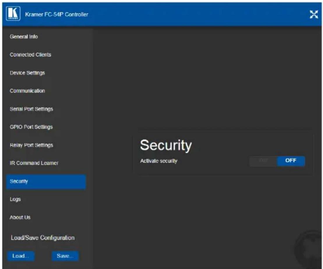 Kramer FC-54P Controller General Info Connected Clients Device Settings Communication Serial Port Settings GPIO Port Settings Relay Port Settings IR Command Learner Security Logs About Us Load/Save Configuration Load... Save... Security Activate security OK OFF