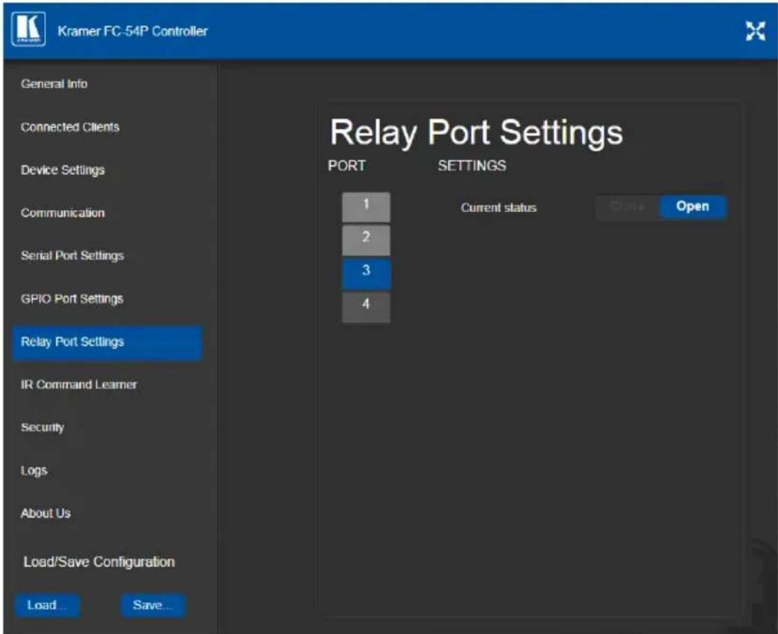 Kramer FC-54P Controller General Info Connected Clients Device Settings Communication Serial Port Settings GPIO Port Settings Relay Port Settings IR Command Learner Security Logs About Us Load/Save Configuration Load... Save... Relay Port Settings PORT SETTINGS 1 2 3 4 Current status Open