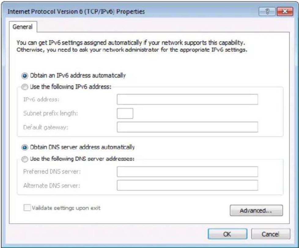 Internet Protocol Version 6 (TCP/IPv6) Properties General You can get IPv6 settings assigned automatically if your network supports this capability. Otherwise, you need to ask your network administrator for the appropriate IPv6 settings. Obtain an IPv6 address automatically Use the following IPv6 address: IPv6 address: Subnet prefix length: Default gateway: Obtain DNS server address automatically Use the following DNS server addresses: Preferred DNS server: Alternate DNS server: Validate settings upon exit Advanced... OK Cancel