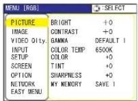 MFCN [RGB] PICTURE BRIGHT +0 IMAGE CONTRAST +0 VIDEO Qlty. GAMMA DEFAULT 1 INPUT COLOR TEMP 6500K SETUP COLOR +0 SCREEN TINT +0 OPTION SHARPNESS +0 NETWORK MY MEMORY SAVE 1 EASY MENU