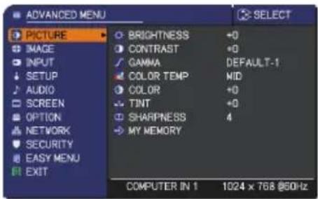ADVANCED MENU PICTURE IMAGE INPUT SETUP AUDIO SCREEN OPTION NETWORK SECURITY EASY MENU EXIT BRIGHTNESS +0 CONTRAST +0 GAMMA DEFAULT-1 COLOR TEMP MID COLOR +0 TINT +0 SHARPNESS 4 MY MEMORY COMPUTER IN 1 1024 x 768 @50Hz