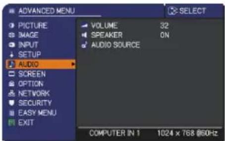 ADVANCED MENU PICTURE IMAGE INPUT SETUP AUDIO SCREEN OPTION NETWORK SECURITY EASY MENU EXIT VOLUME 32 SPEAKER ON AUDIO SOURCE COMPUTER IN 1 1024 x 768 @50Hz