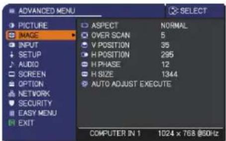ADVANCED MENU PICTURE IMAGE INPUT SETUP AUDIO SCREEN OPTION NETWORK SECURITY EASY MENU EXIT ASPECT NORMAL OVER SCAN 5 V POSITION 35 H POSITION 295 H PHASE 12 H SIZE 1344 AUTO ADJUST EXECUTE COMPUTER IN 1 1024 x 768 @50Hz