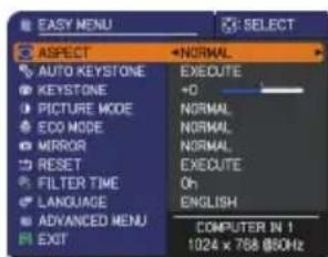 EASY MENU ASPECT AUTO KEYSTONE KEystone PICTURE MODE ECO MODE MIRROR RESET FILTER TIME LANGUAGE ADVANCED MENU EXIT NORMAL EXECUTE +0 NORMAL NORMAL NORMAL EXECUTE Oh ENGLISH COMPUTER IN 1 1024 x 768 @50Hz