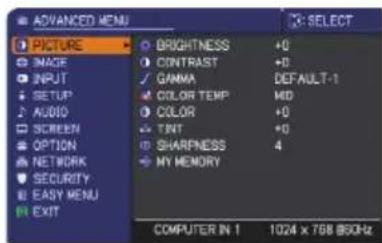 ADVANCED MENU PICTURE INAGE INPUT SETUP AUDIO SCREEN OPTION NETWORK SECURITY EASY MENU EXIT BRIGHTNESS +0 CONTRAST +0 GAMMA DEFAULT-1 COLOR TEMP MD COLOR +0 TNT +0 SHARNESS 4 MY MEMORY COMPUTER IN 1 1024 x 768 860Hz