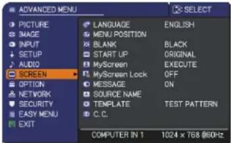 ADVANCED MENU PICTURE IMAGE INPUT SETUP AUDIO SCREEN OPTION NETWORK SECURITY EASY MENU EXIT LANGUAGE MENU POSITION BLANK START UP MyScreen MyScreen Lock MESSAGE SOURCE NAME TEMPLATE C.C. ENGLISH BLACK ORIGINAL EXECUTE OFF ON TEST PATTERN COMPUTER IN 1 1024 x 768 @60Hz