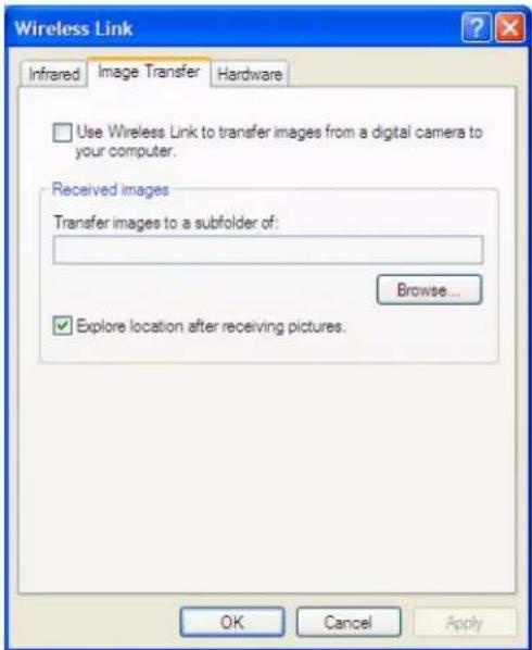 Wireless Link Infrared Image Transfer Hardware Use Wireless Link to transfer images from a digital camera to your computer. Received images Transfer images to a subfolder of: Browse... Explore location after receiving pictures. OK Cancel Apply