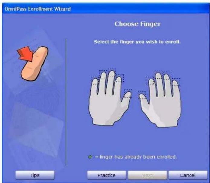OmniPass Enrollment Wizard Choose Finger Select the finger you wish to enroll. ✓ = finger has already been enrolled. Tips Practice NEXT Cancel