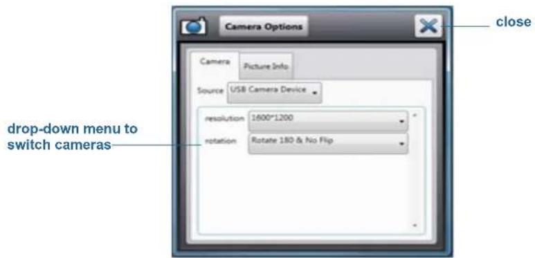 Camera Options Camera Picture Info Source USB Camera Device resolution 1600*1200 rotation Rotate 180 & No Flip drop-down menu to switch cameras close