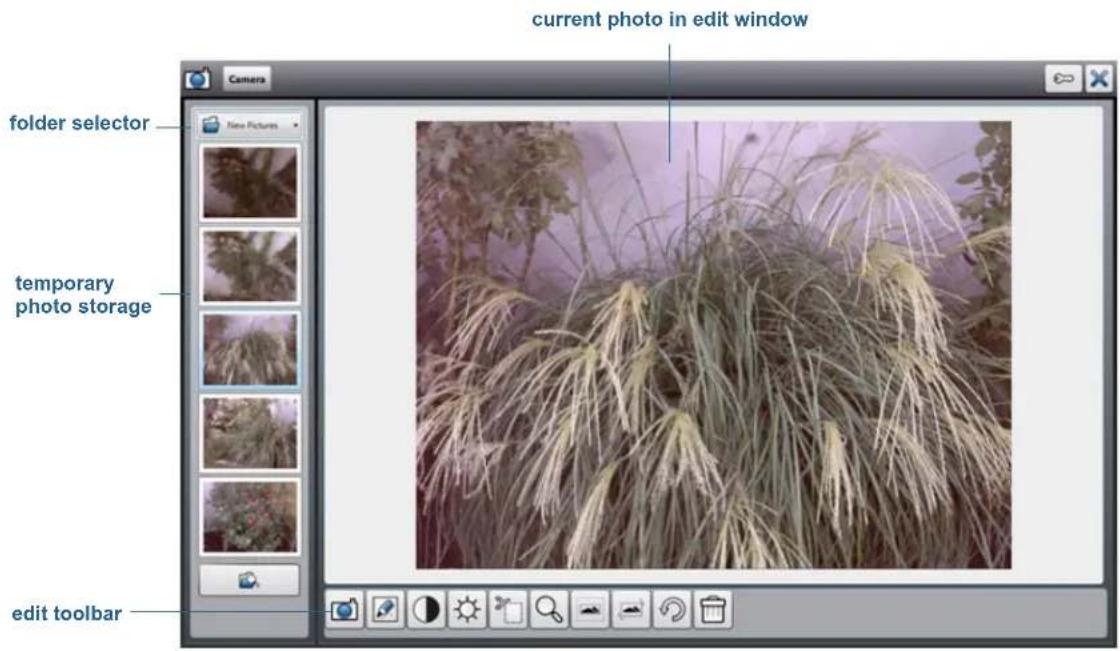 current photo in edit window folder selector new pictures temporary photo storage edit toolbar