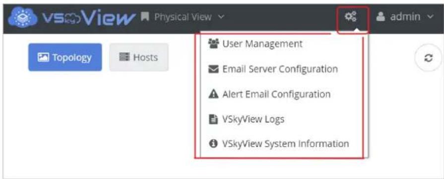 vSxyView Physical View admin Topology Hosts User Management Email Server Configuration Alert Email Configuration VSkyView Logs VSkyView System Information