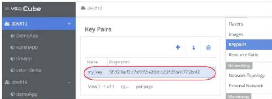 dev#12 Key Pairs Name Fingerprint my_key 5f:d2:0a:f2:c7:d0:f2:e2:8d:c2:2f:35:a8:77:2b:42 View 1 - 1 of 1 10^ per page Flavors Images Keypairs Resource Ratio Networking Network Topology External Network Monitoring