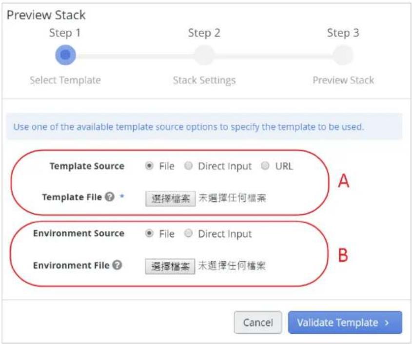 Preview Stack Step 1 Select Template Step 2 Stack Settings Step 3 Preview Stack Use one of the available template source options to specify the template to be used. Template Source File Direct Input URL Template File ? 選擇檔案 未選擇任何檔案 A Environment Source File Direct Input Environment File ? 選擇檔案 未選擇任何檔案 B Cancel Validate Template >