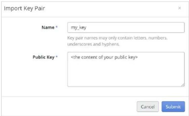 Import Key Pair Name * my_key Key pair names may only contain letters, numbers, underscores and hyphens. Public Key * Cancel Submit
